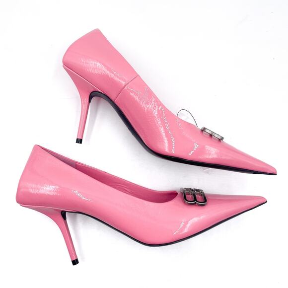 Balenciaga BB Square Knife Pumps Pink Patent Leather Pointed Tie Sz 38 / 8 - Picture 9 of 13